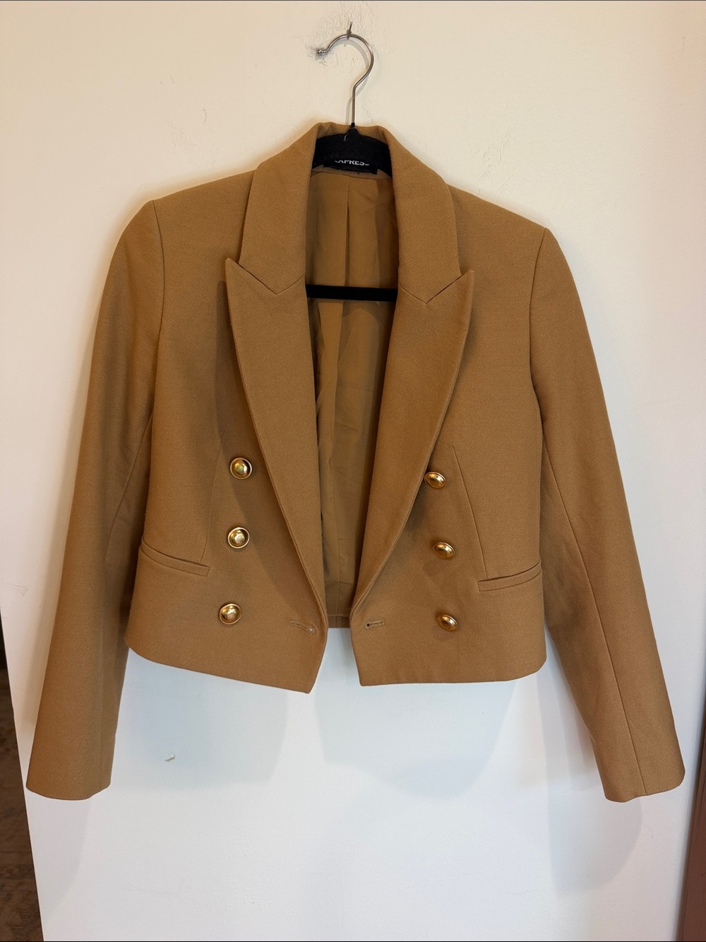Express Camel Color Double-Breasted Cropped Blazer with Gold Buttons, Chic!